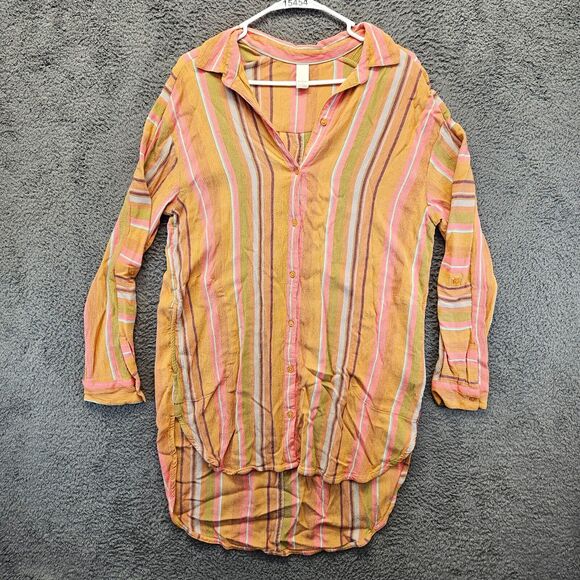Prana Shirt Blouse Women Size Large Yellow‎ Striped Long Sleeves Button Up Tunic - Picture 1 of 9